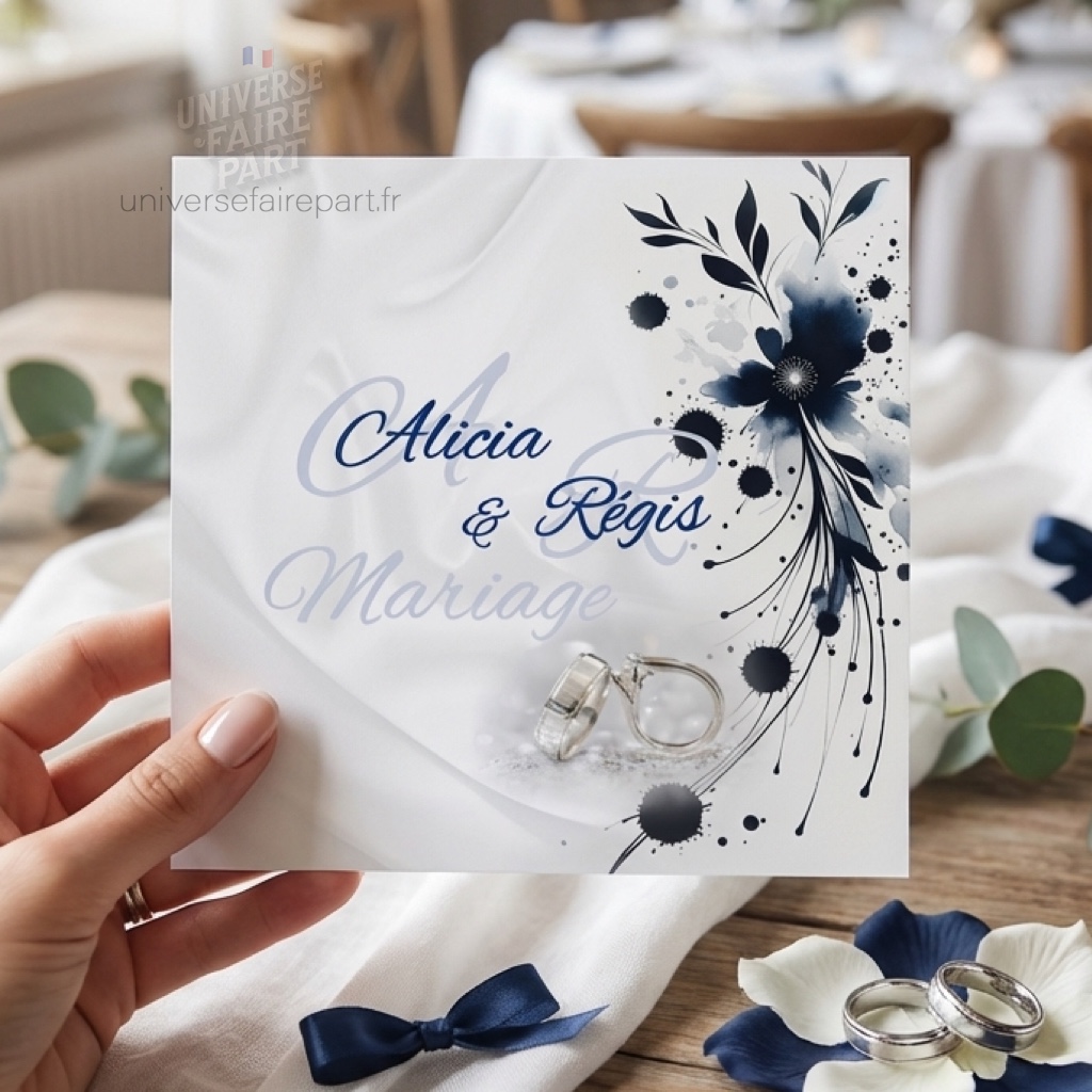 N°191 – Faire-part de Mariage Elegance Aquarelle encre bleu