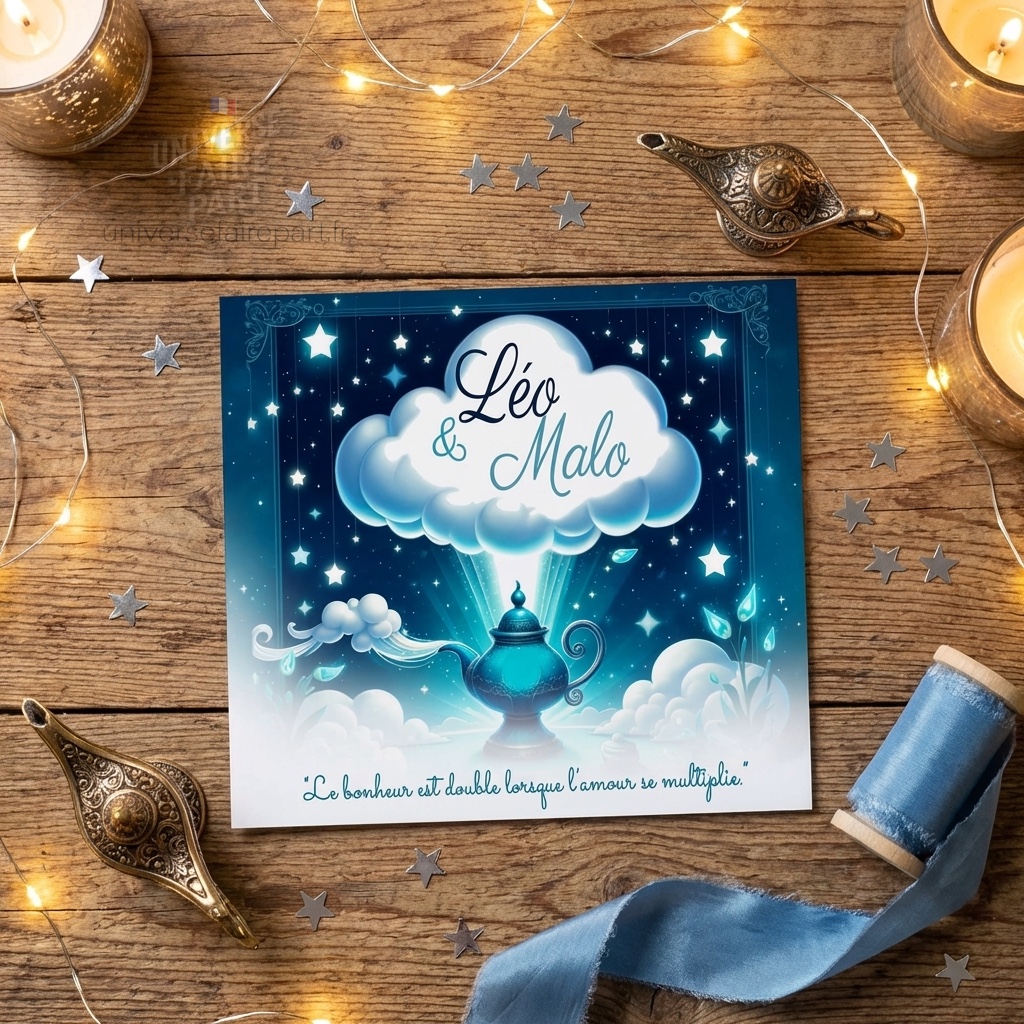 N°362-  Faire-part  naissance jumeaux la lampe magique Aladdin