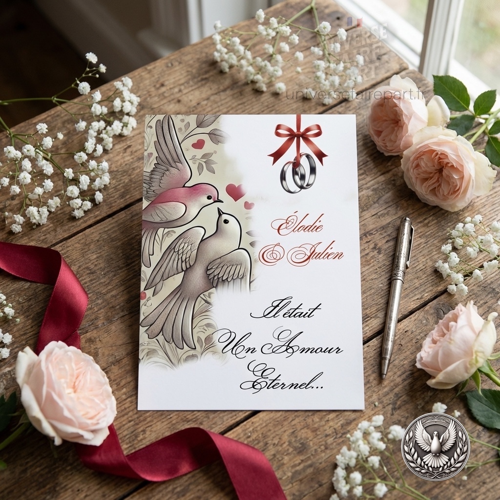 N°233 – Faire-part oiseaux coeurs rouge romantique vintage mariage A5