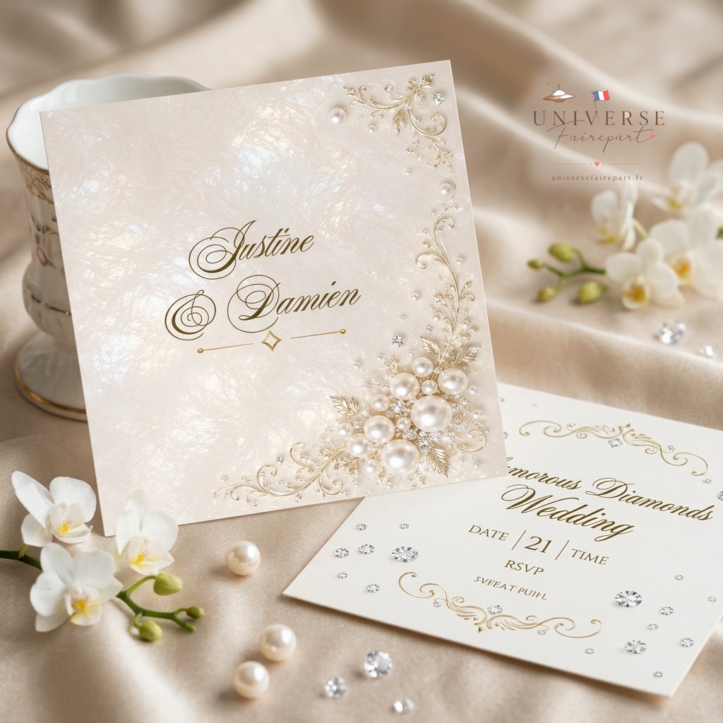 N°235 Faire-part mariage  or et perles nacrées