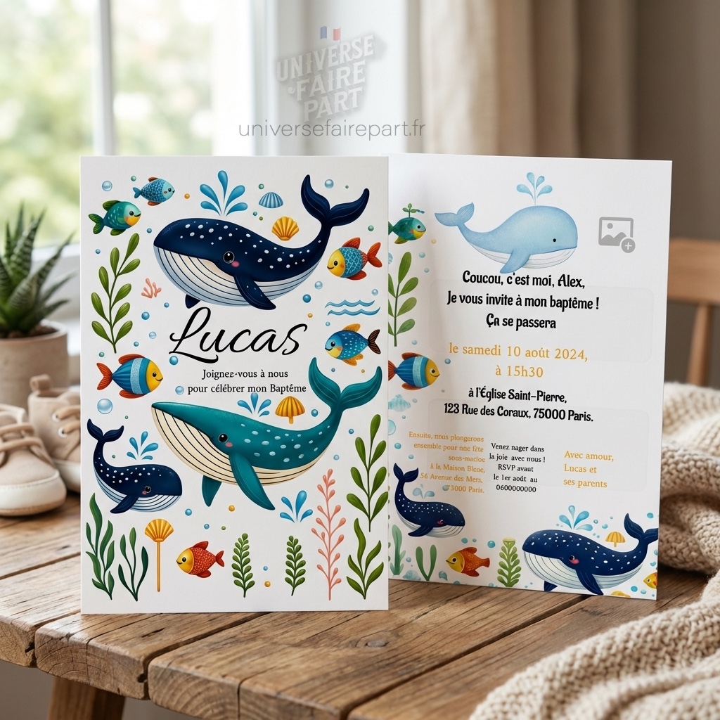 N°558 – Faire-part Plongez dans le Fun ! Invitation à une fête sous-marine Baleine
