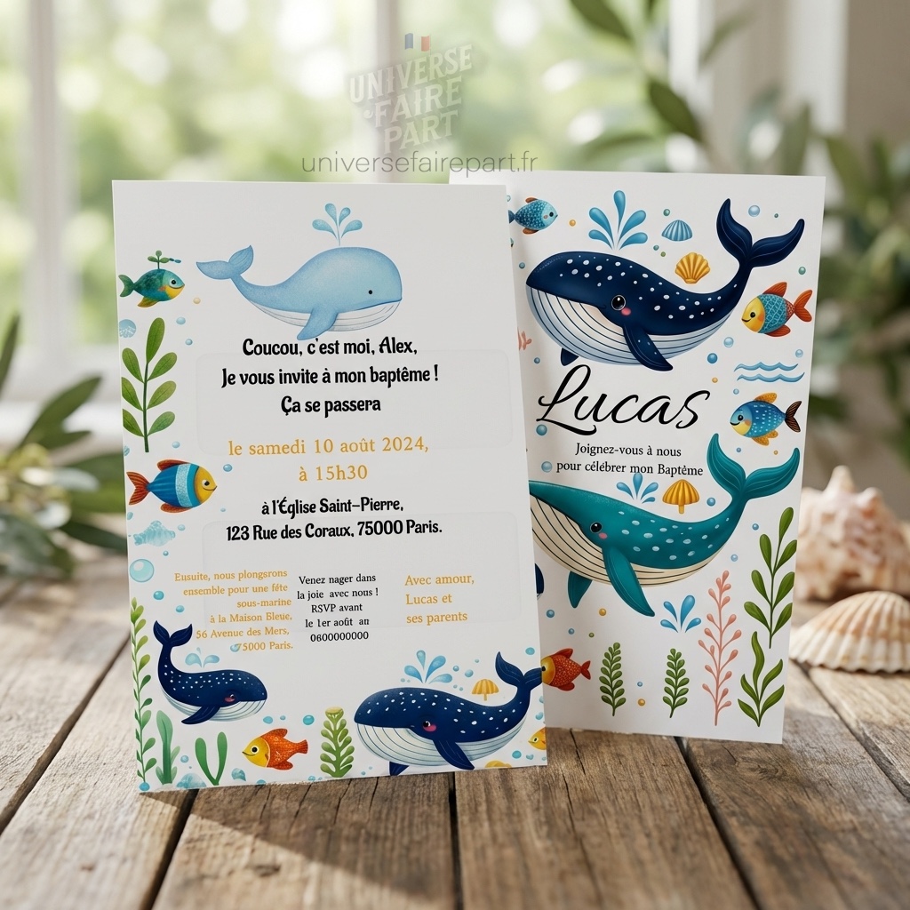 N°558 - Faire-part Plongez dans le Fun ! Invitation à une fête sous-marine Baleine