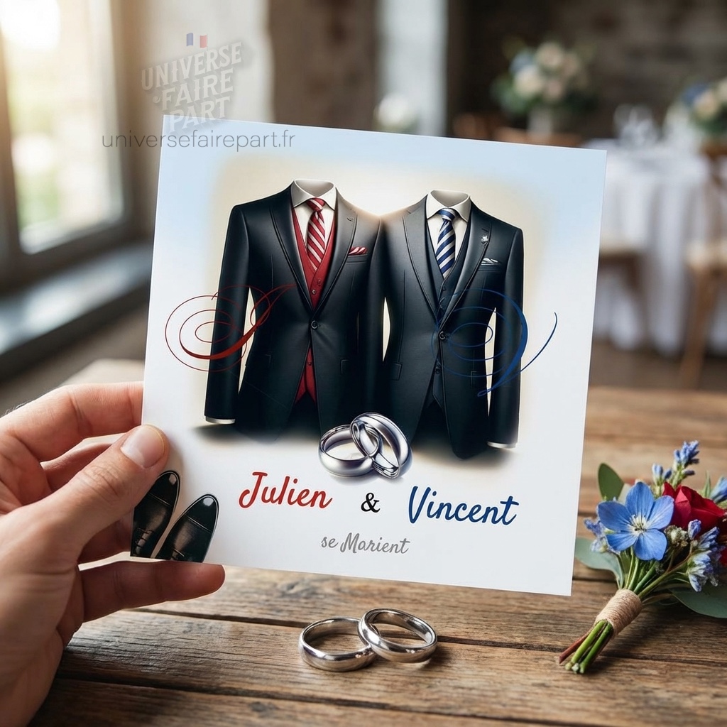 N°223 – Faire-part Costume duo hommes Mariage Gay lgbt