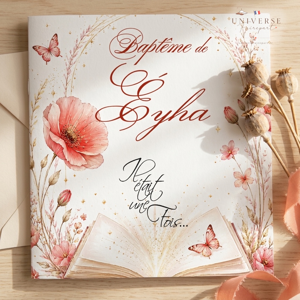 N°340 Faire-part fleur coquelicot et livre magique