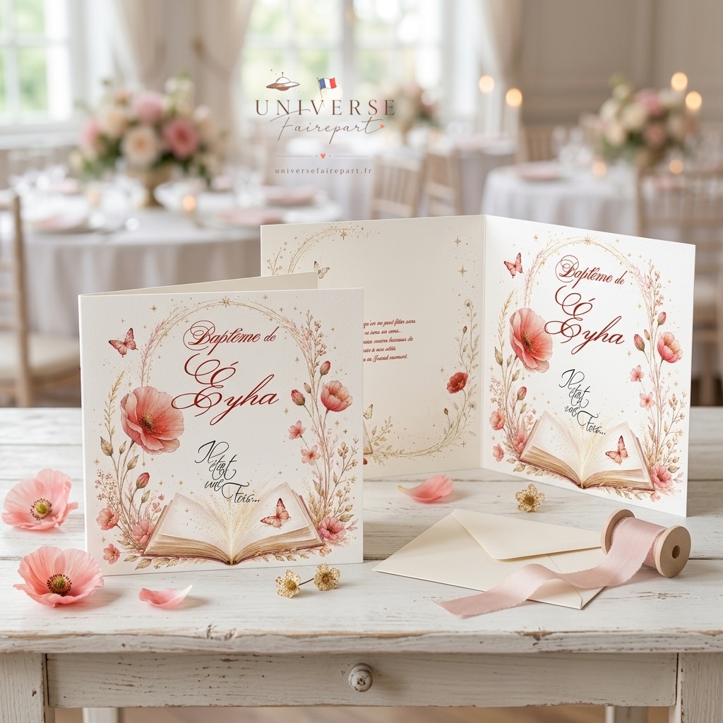 N°340 Faire-part fleur coquelicot et livre magique