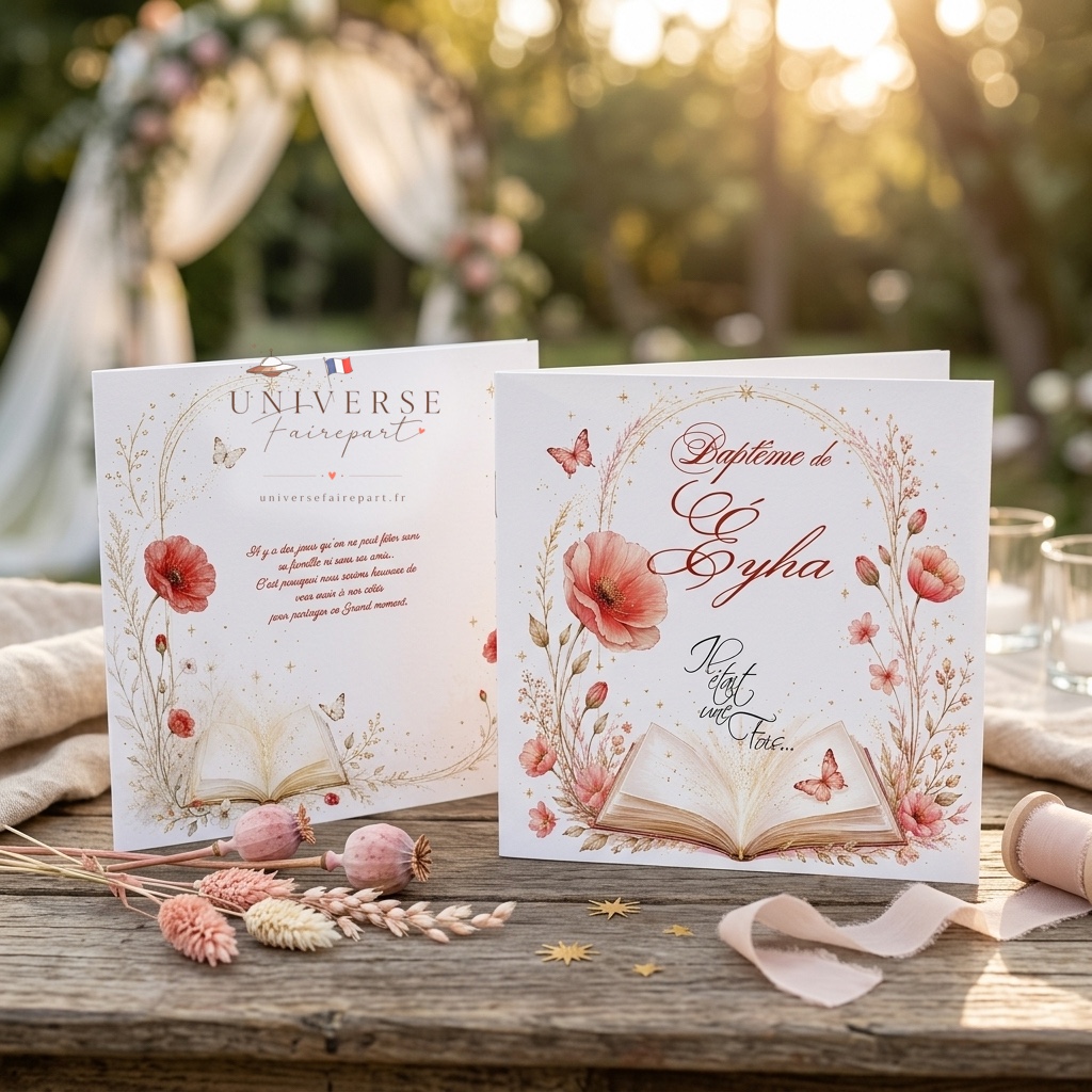 N°340 Faire-part fleur coquelicot et livre magique