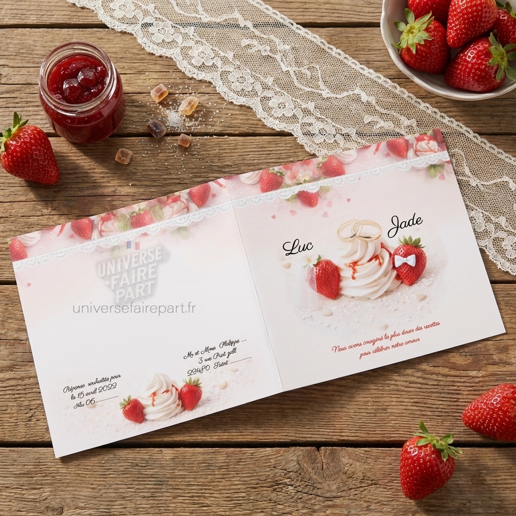 N°172 Faire-part mariage gourmandise fraises & chantilly raffinée
