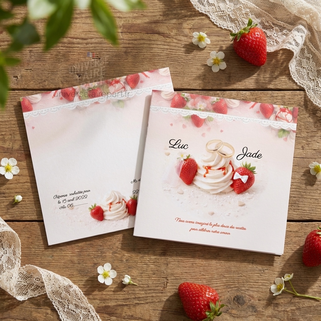 N°172 Faire-part mariage gourmandise fraises & chantilly raffinée