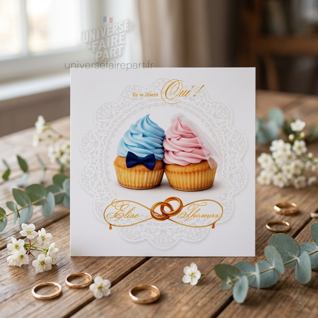 N°352 Faire-part mariage  cupcakes amour