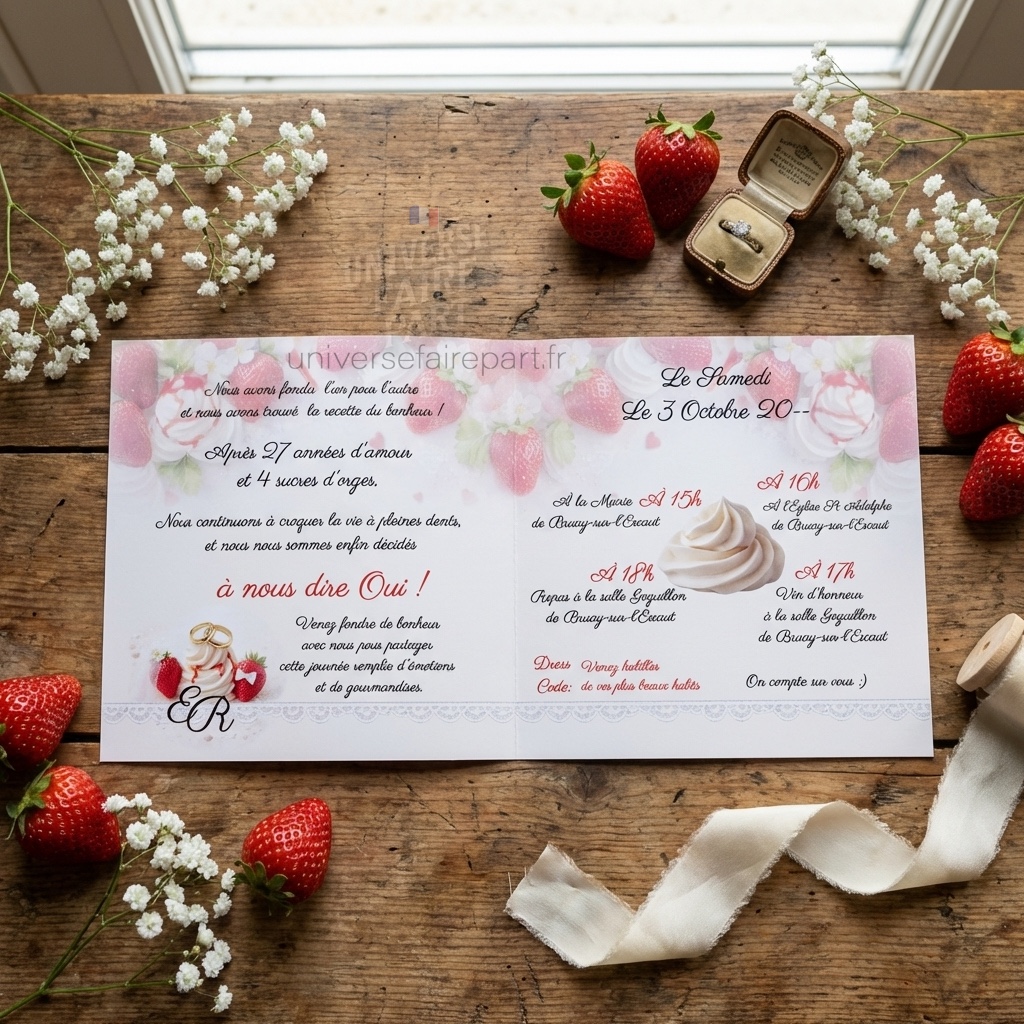 N°172 Faire-part mariage gourmandise fraises & chantilly raffinée