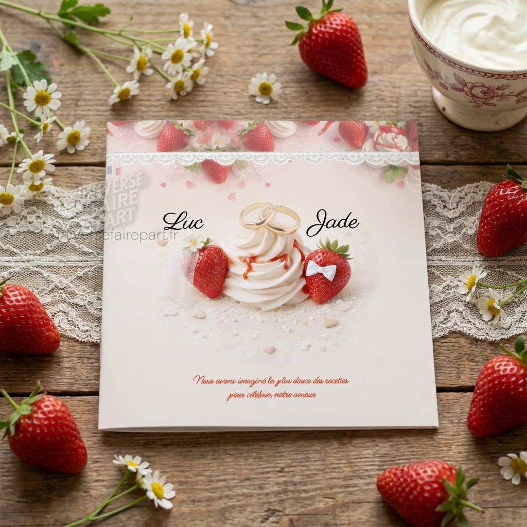 N°172 Faire-part mariage gourmandise fraises & chantilly raffinée