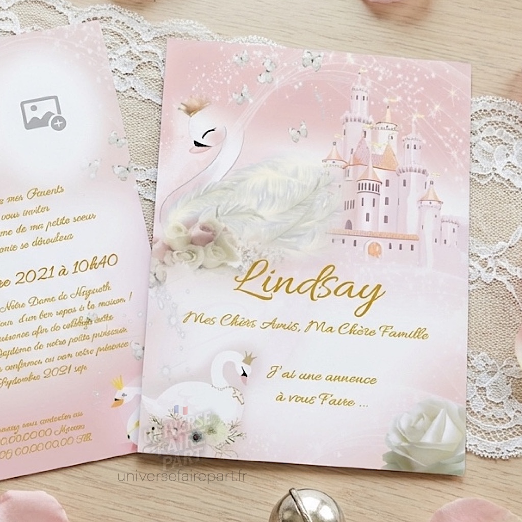 N°390 –  Faire-part Cygne rose poudrée et blanc château