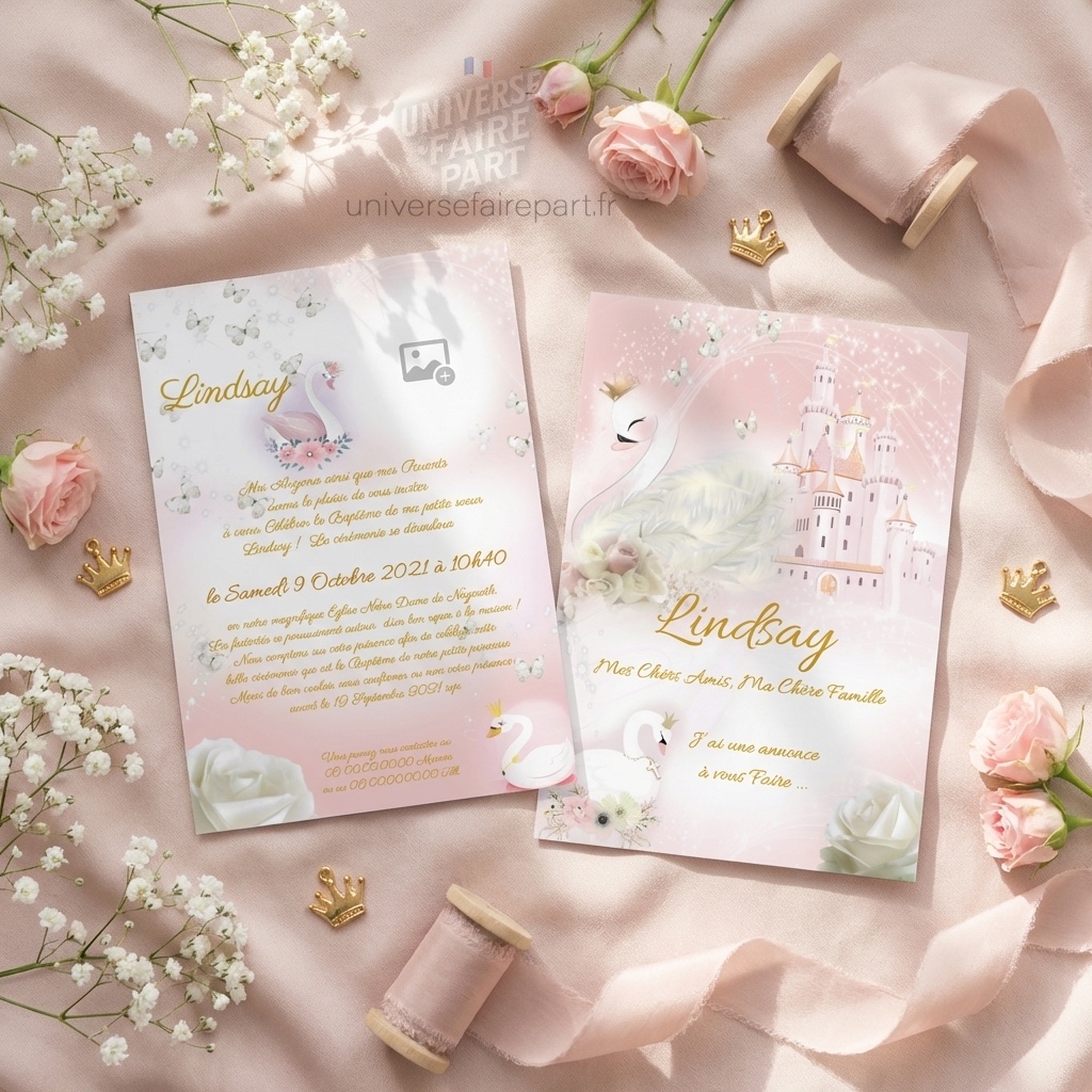 N°390 –  Faire-part Cygne rose poudrée et blanc château