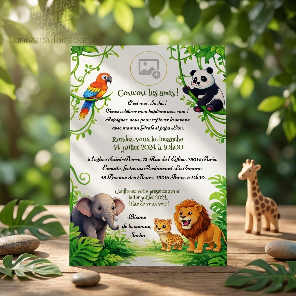 N°121 – Faire-part Original jungle animaux baptême