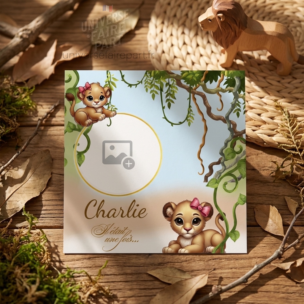 N°354 – Faire-part invitation petit baby lion lionnes safari Jungle
