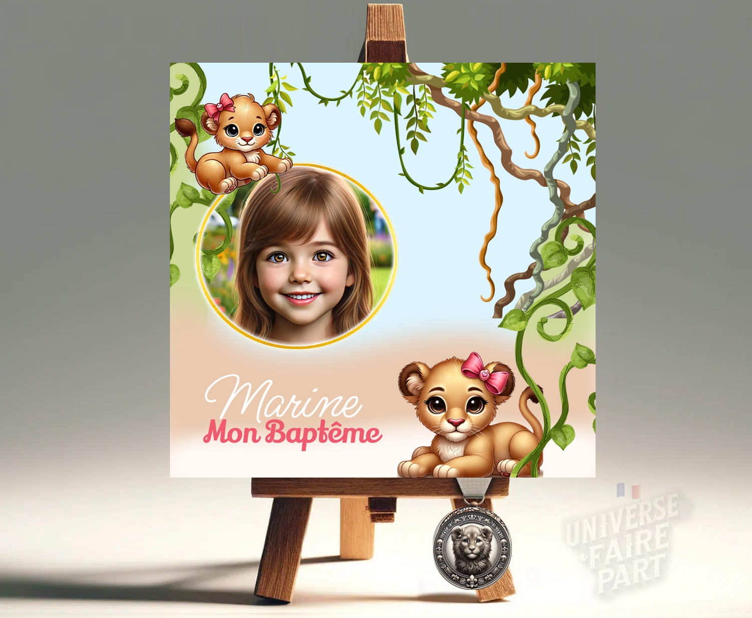 N°354 - Faire-part invitation petit baby lion lionnes safari Jungle