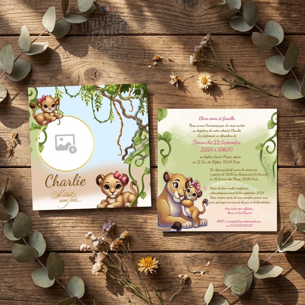 N°354 – Faire-part invitation petit baby lion lionnes safari Jungle