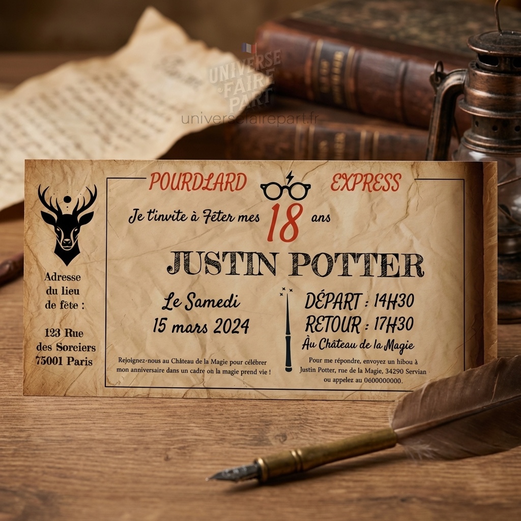 N°225 – Carte invitation Poudlard Anniversaire Harry Potter parchemin