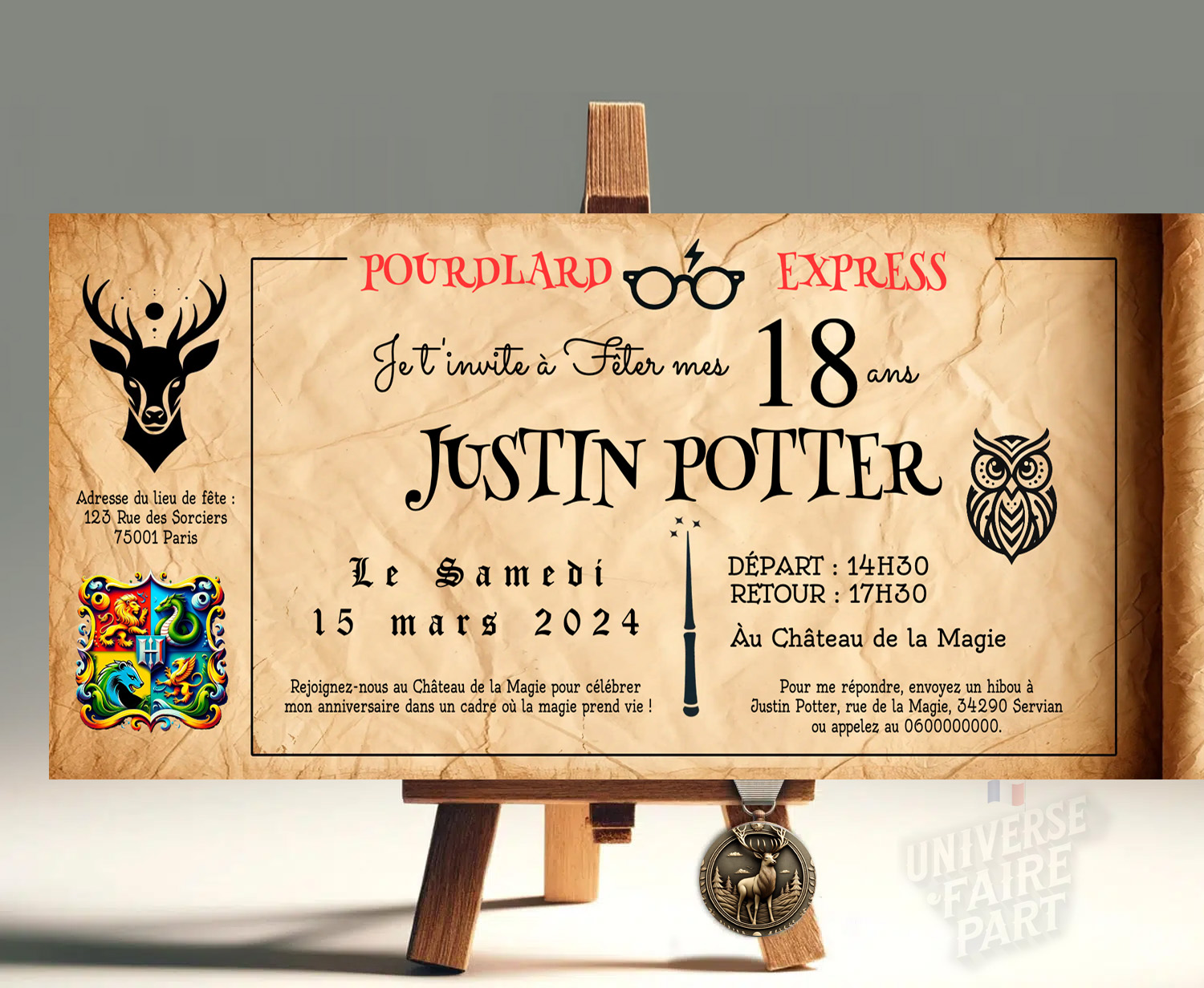 N°225 - Carte invitation Poudlard Anniversaire Harry Potter parchemin