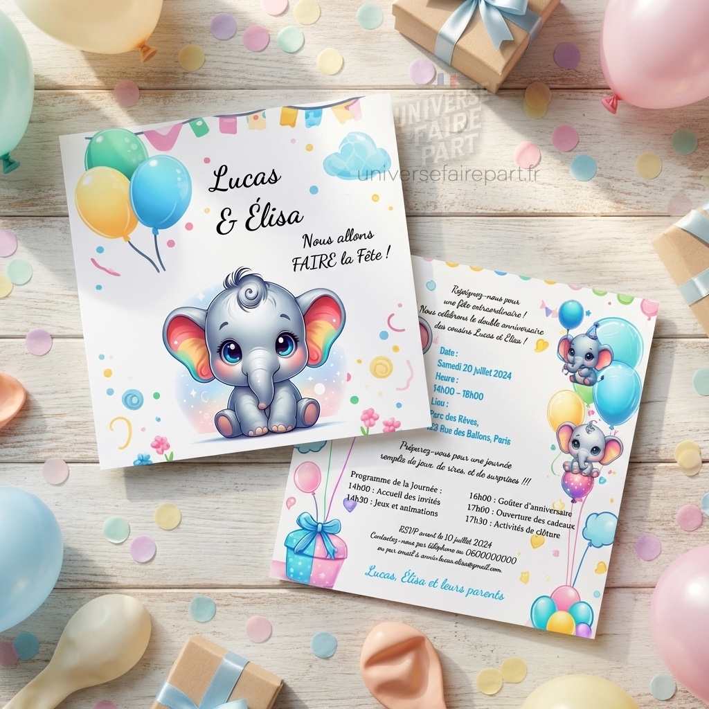 N°395 – Carte invitation Anniversaire éléphant d&rsquo;amour Unisexe
