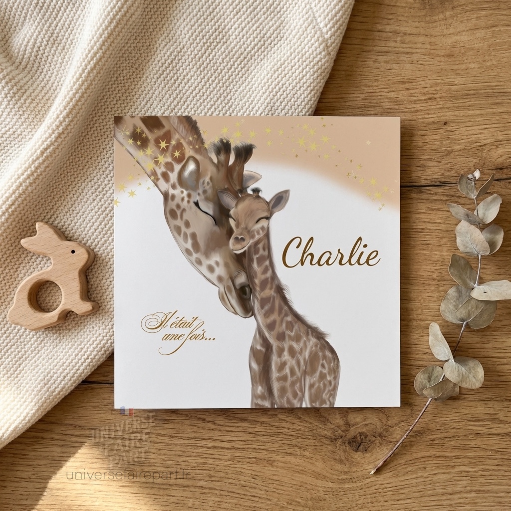 N°396 –  Faire-part maman Girafe et girafon Unisexe  Baptême