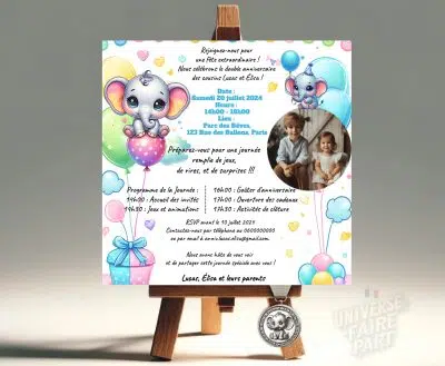 N°395 - Carte invitation Anniversaire éléphant d'amour Unisexe