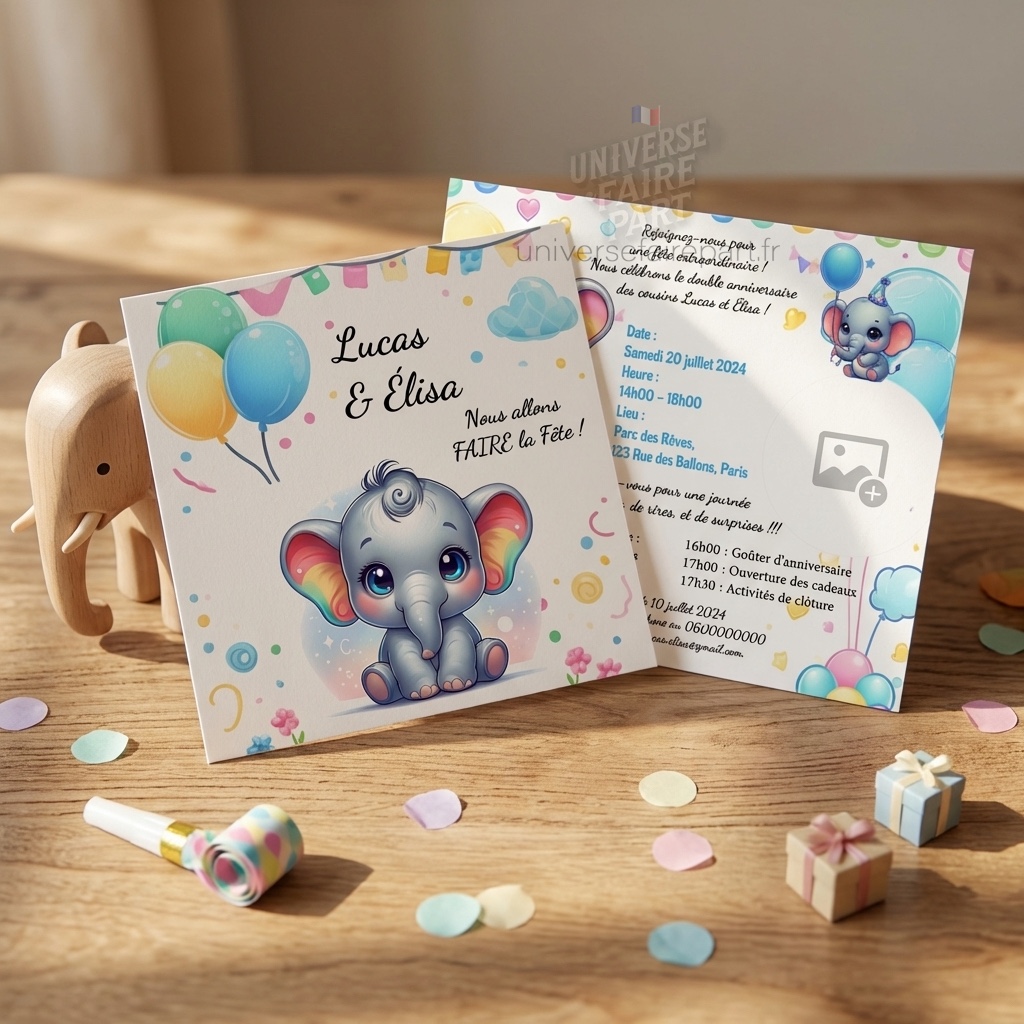 N°395 – Carte invitation Anniversaire éléphant d&rsquo;amour Unisexe