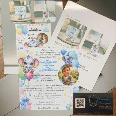 N°395 - Carte invitation Anniversaire éléphant d'amour Unisexe