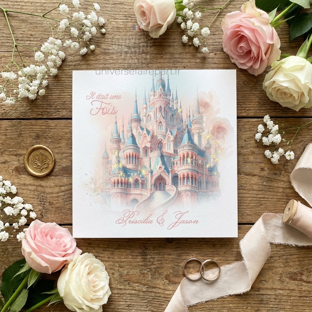 N°181 – Faire-part Mariage château or rose Royal tendresse