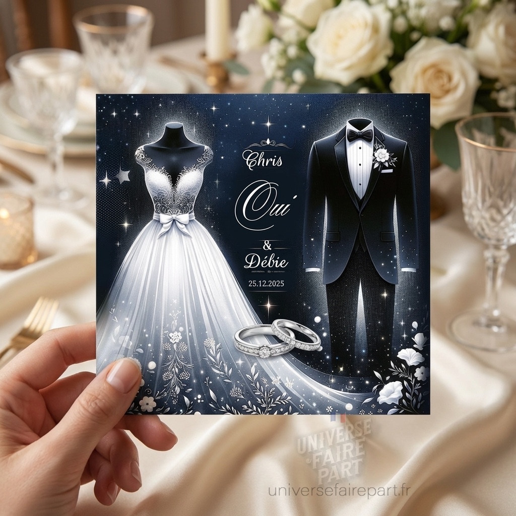 N°220- PREMIUM Faire-part Harmonie Nuptiale  Bleu nuit étoilé