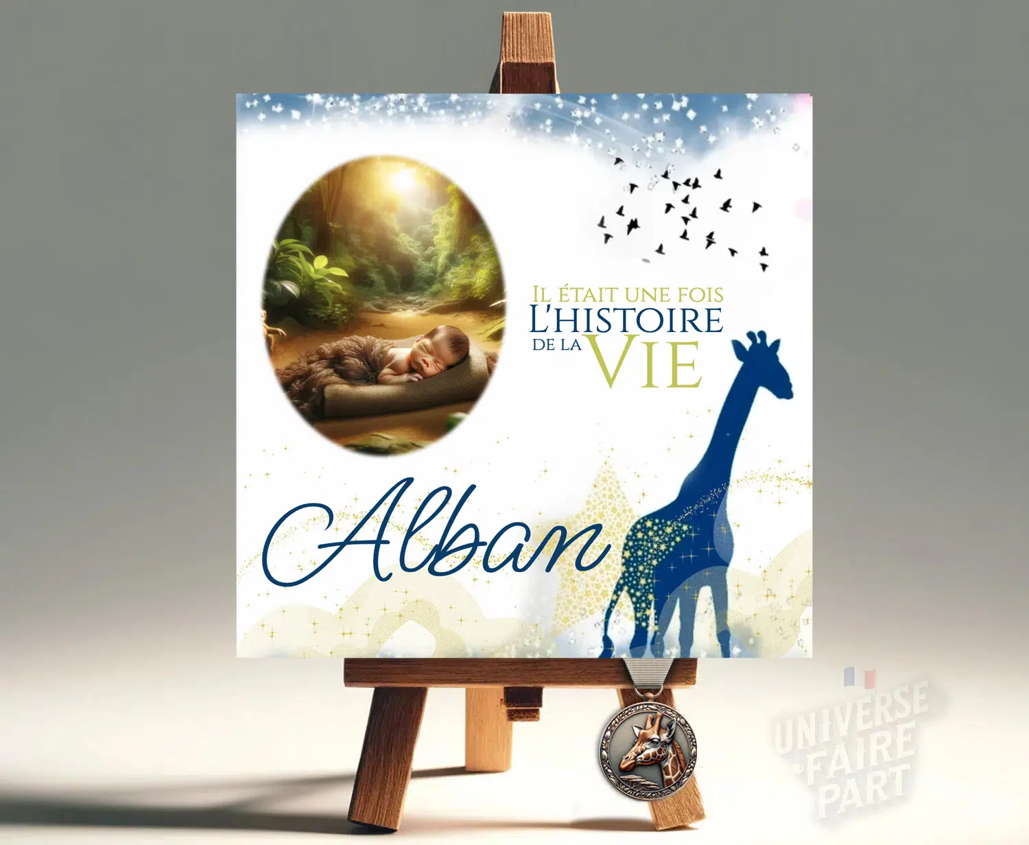 N°335 - Faire-part invitation bleu roi lion savane Simba girafe