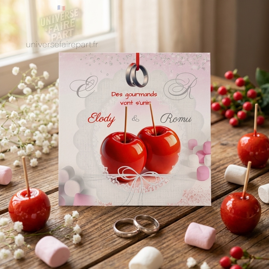 N°256 Faire-part mariage gourmandise pomme d’amour rouge
