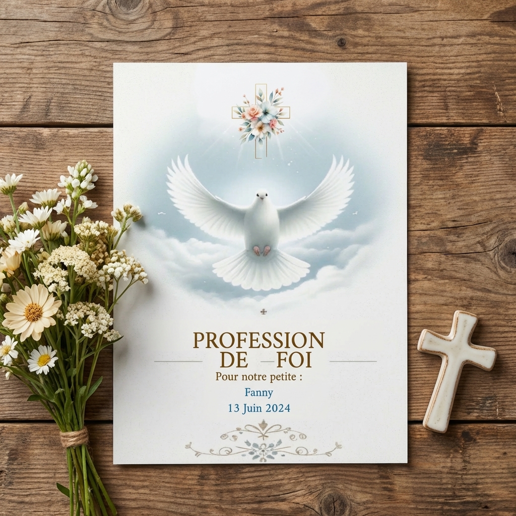 N°63 – Ange et plume Faire-part  Profession de Foi  un ange