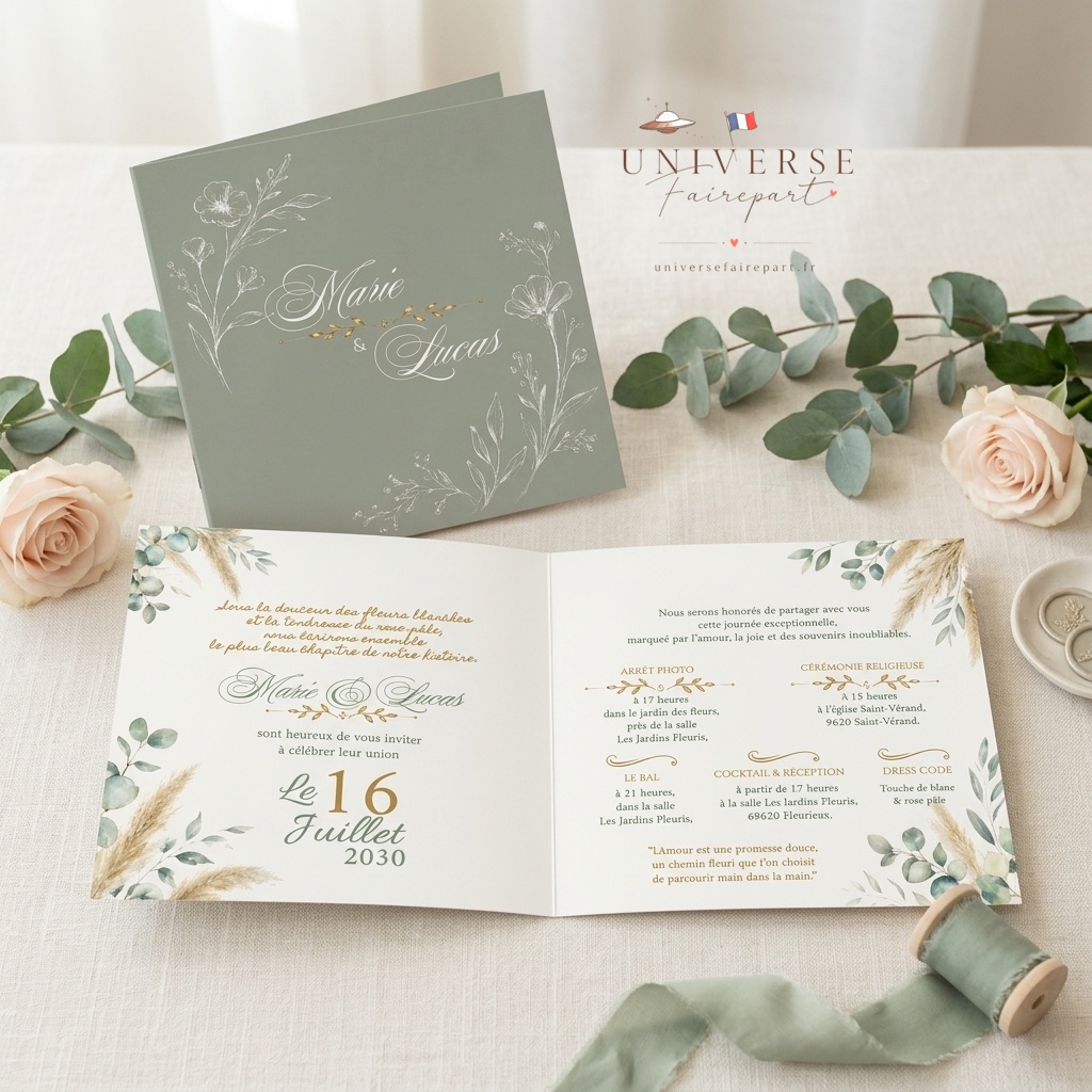 N°245  Faire-part mariage champêtre sauge & champagne