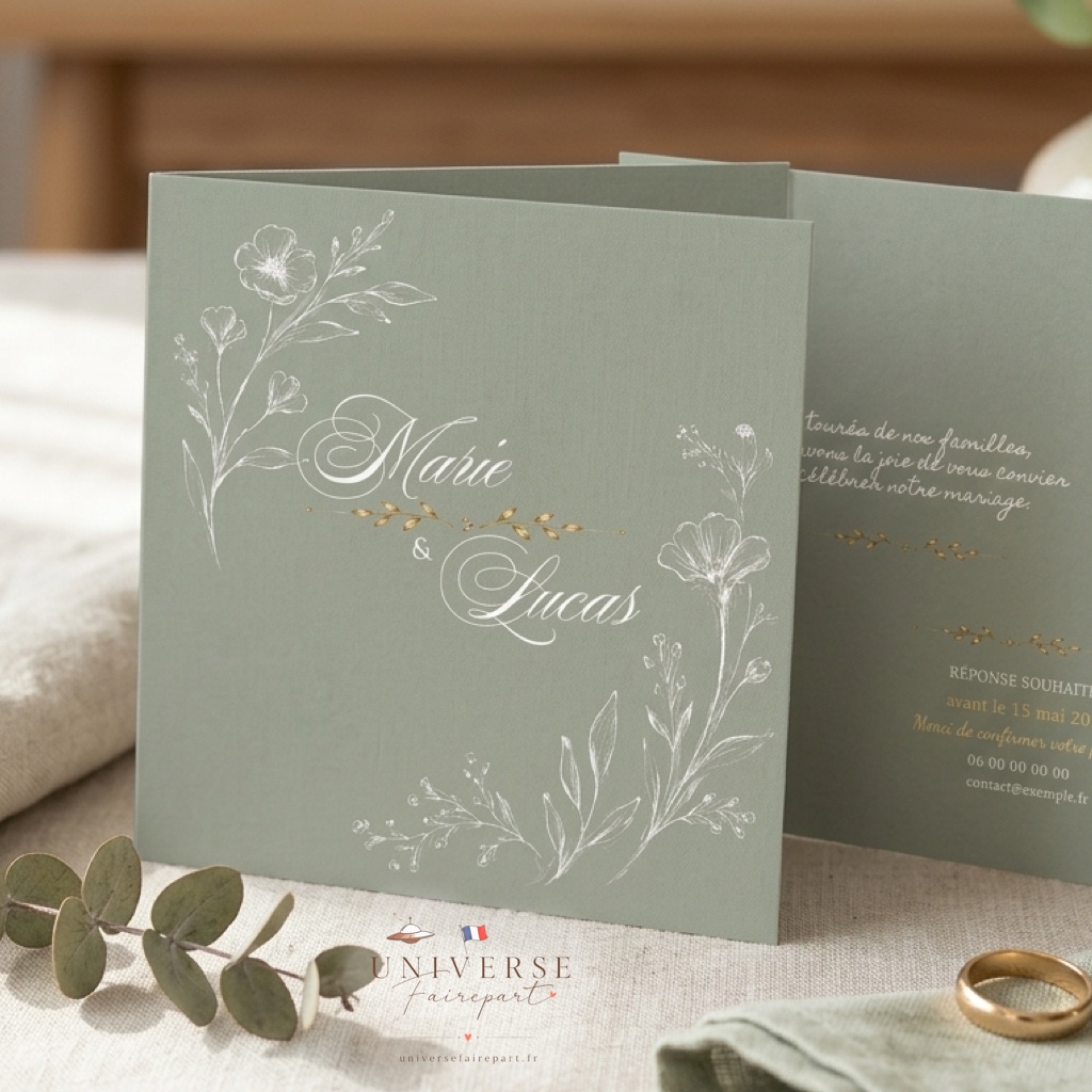 N°245  Faire-part mariage champêtre sauge & champagne