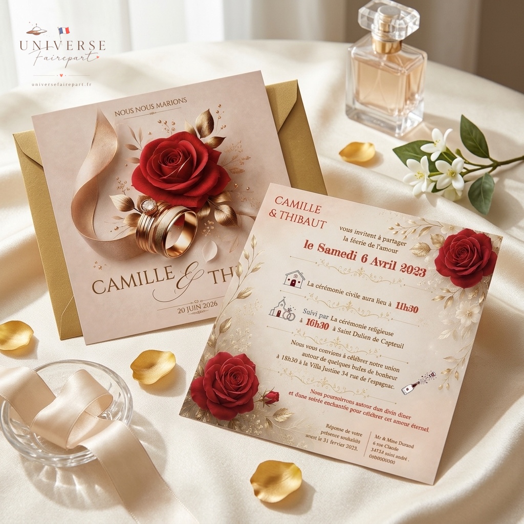 N°246 Faire-part mariage carte rose rouge alliance or