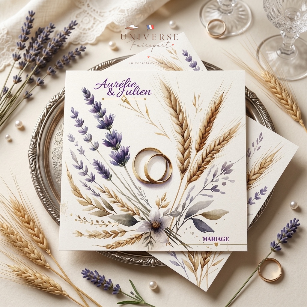N°272 Faire-part champêtre Lavande et blé Aquarelle