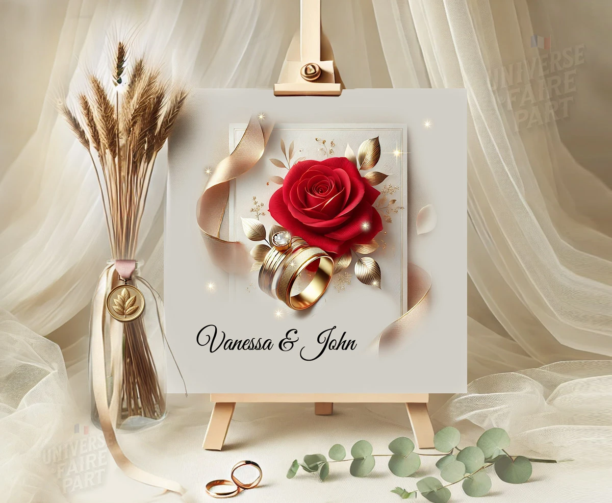 N°246 - Faire-part mariage carte rose rouge alliance or