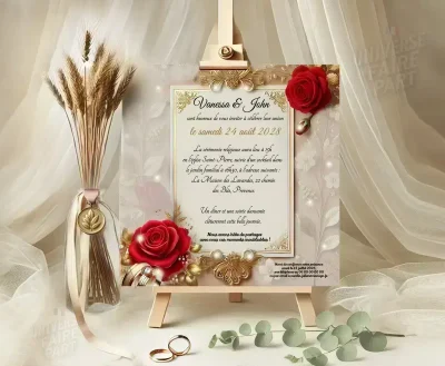 N°246 - Faire-part mariage carte rose rouge alliance or