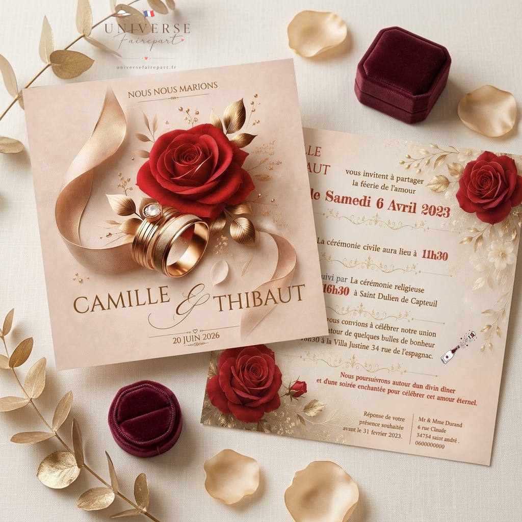 N°246 Faire-part mariage carte rose rouge alliance or