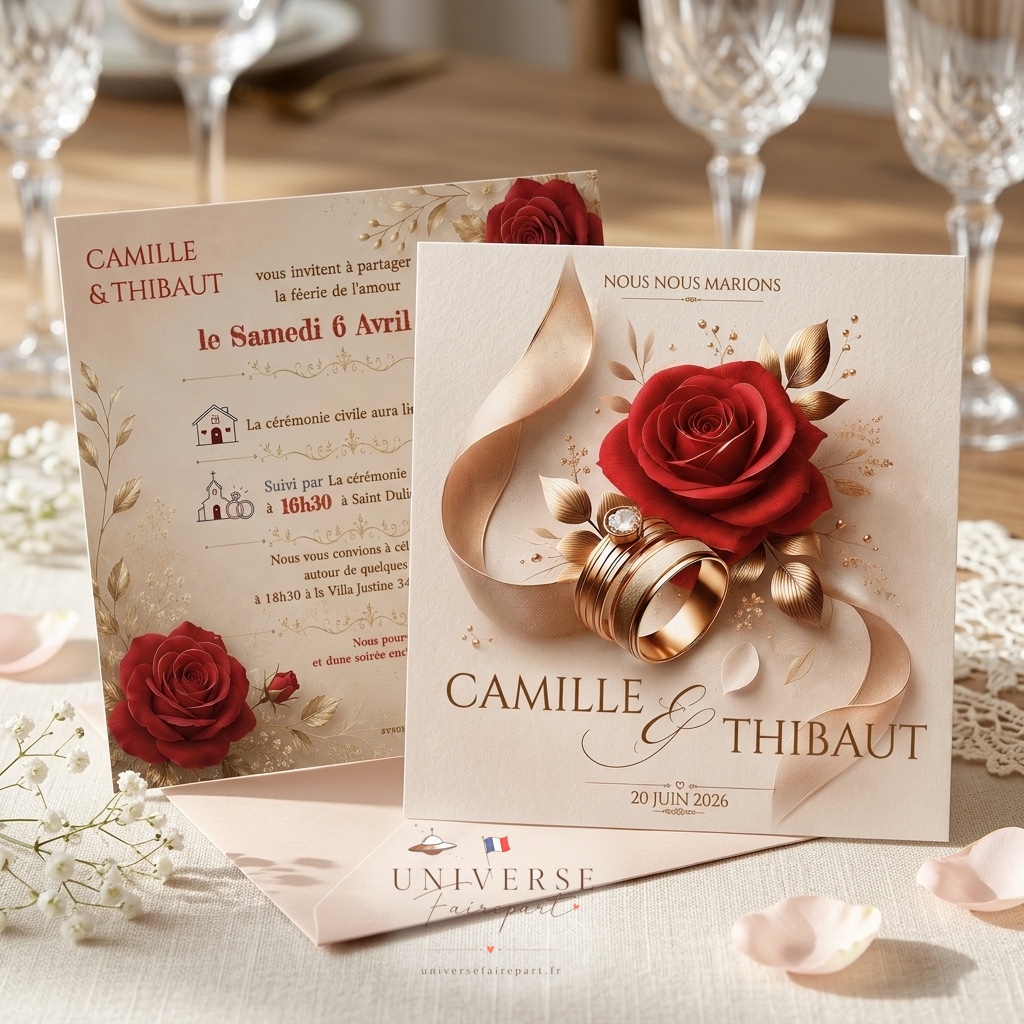 N°246 Faire-part mariage carte rose rouge alliance or