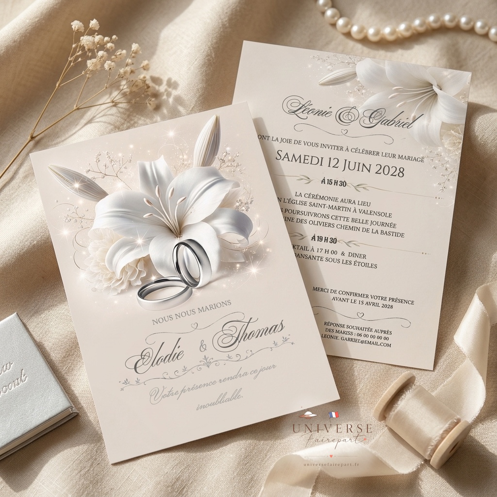 N°247 Faire-part  carte Lys argent Mariage