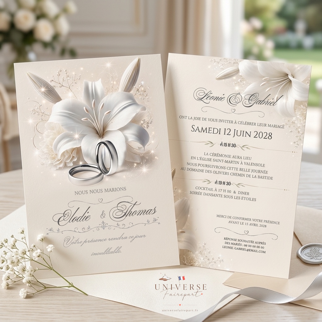 N°247 Faire-part  carte Lys argent Mariage
