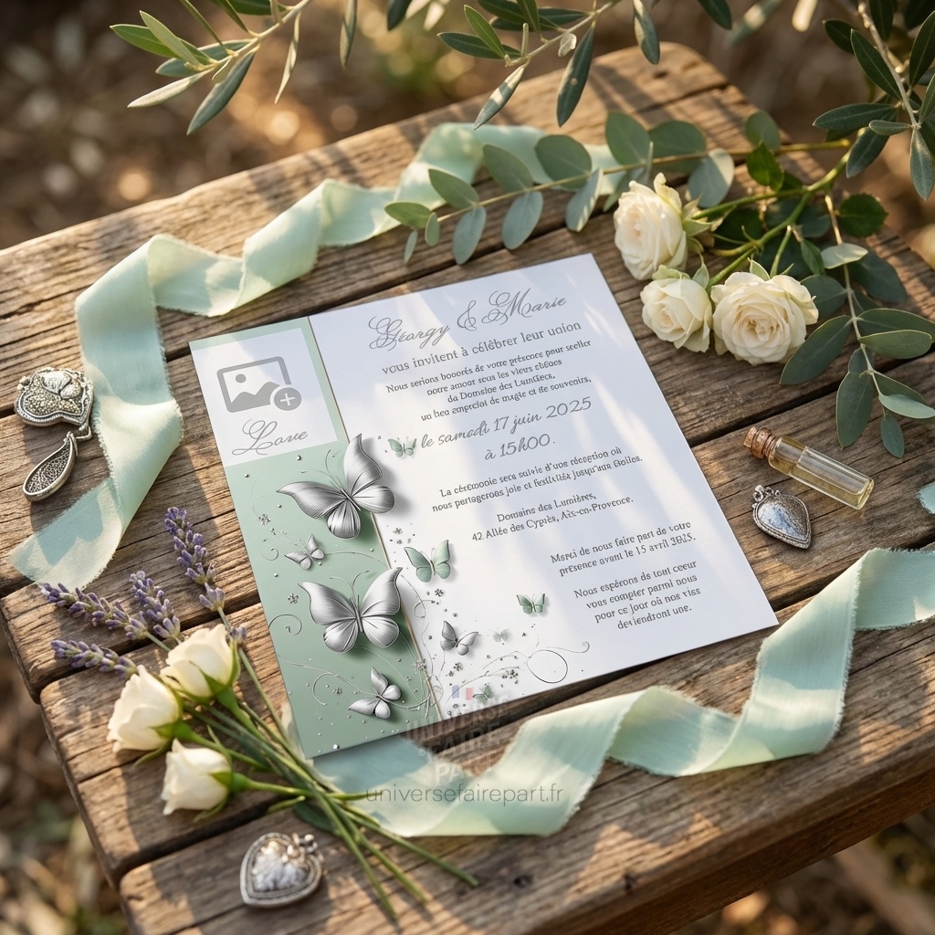 N°265- Faire-part Papillons douceur vert pastel mariage