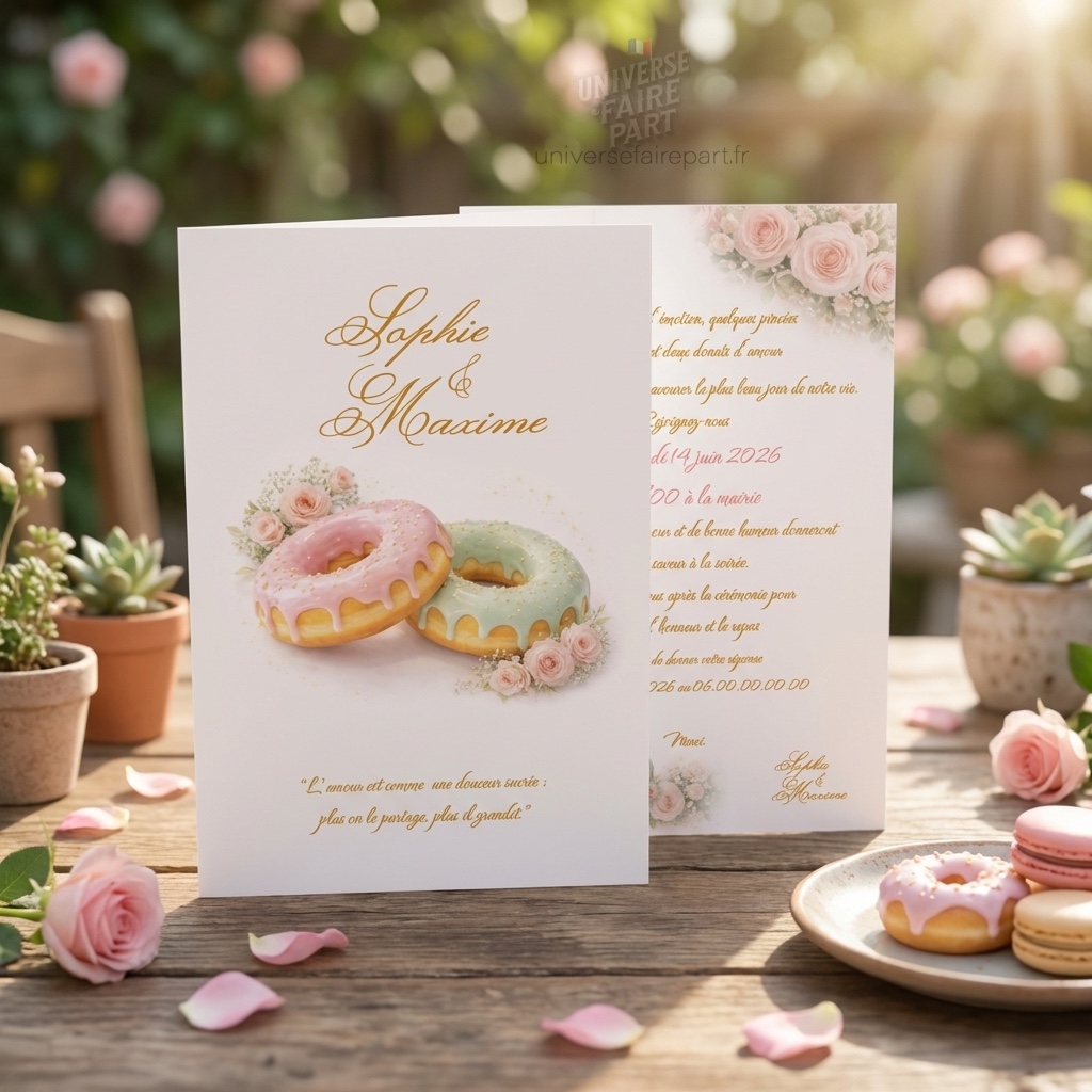 N°351 Faire-part mariage gourmandise donuts pastel entrelacés