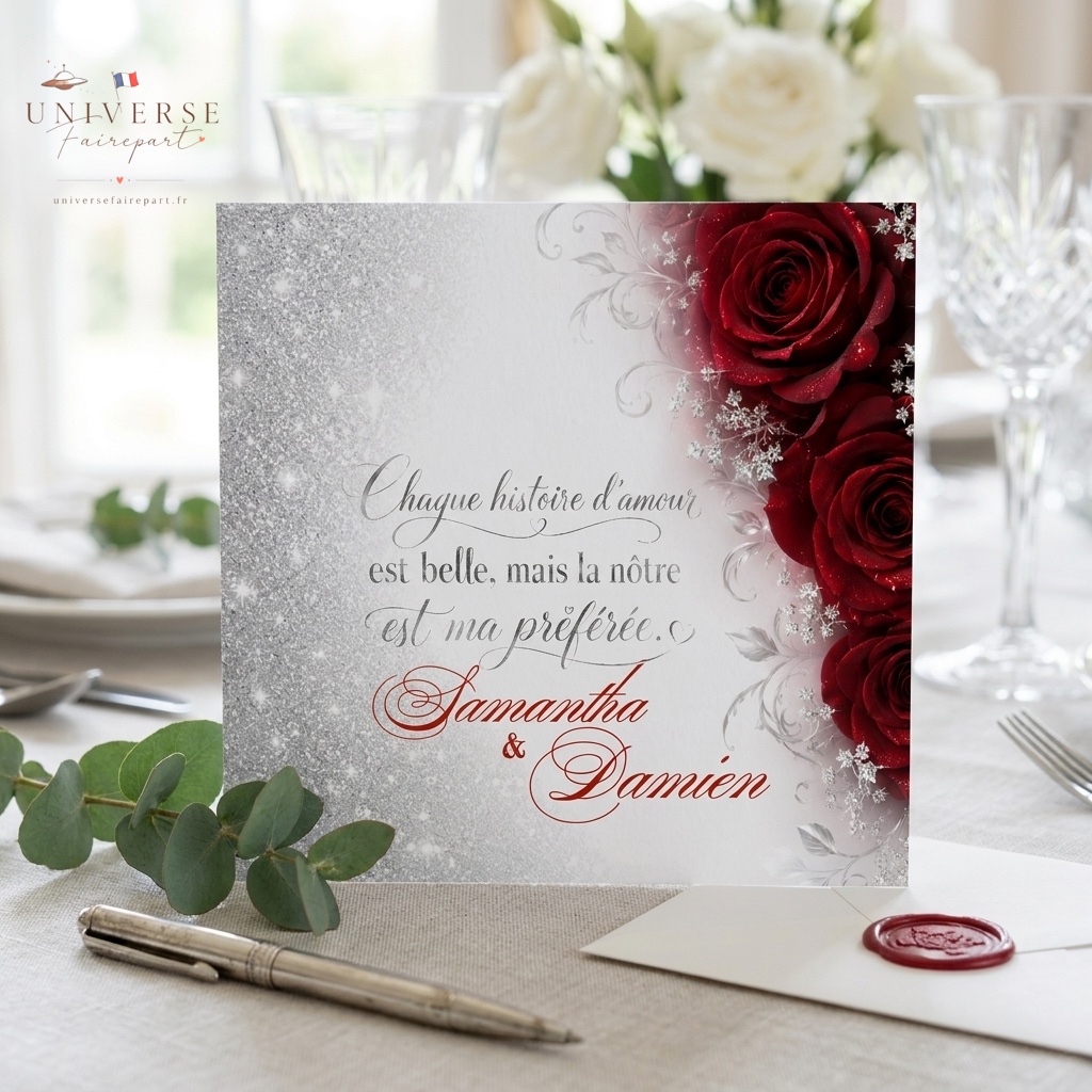 N°87 Faire-part mariage roses romantique argentées