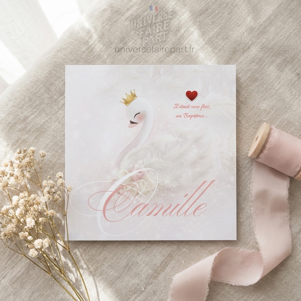 N°389 –  Faire-part  invitation Cygne rose poudrée
