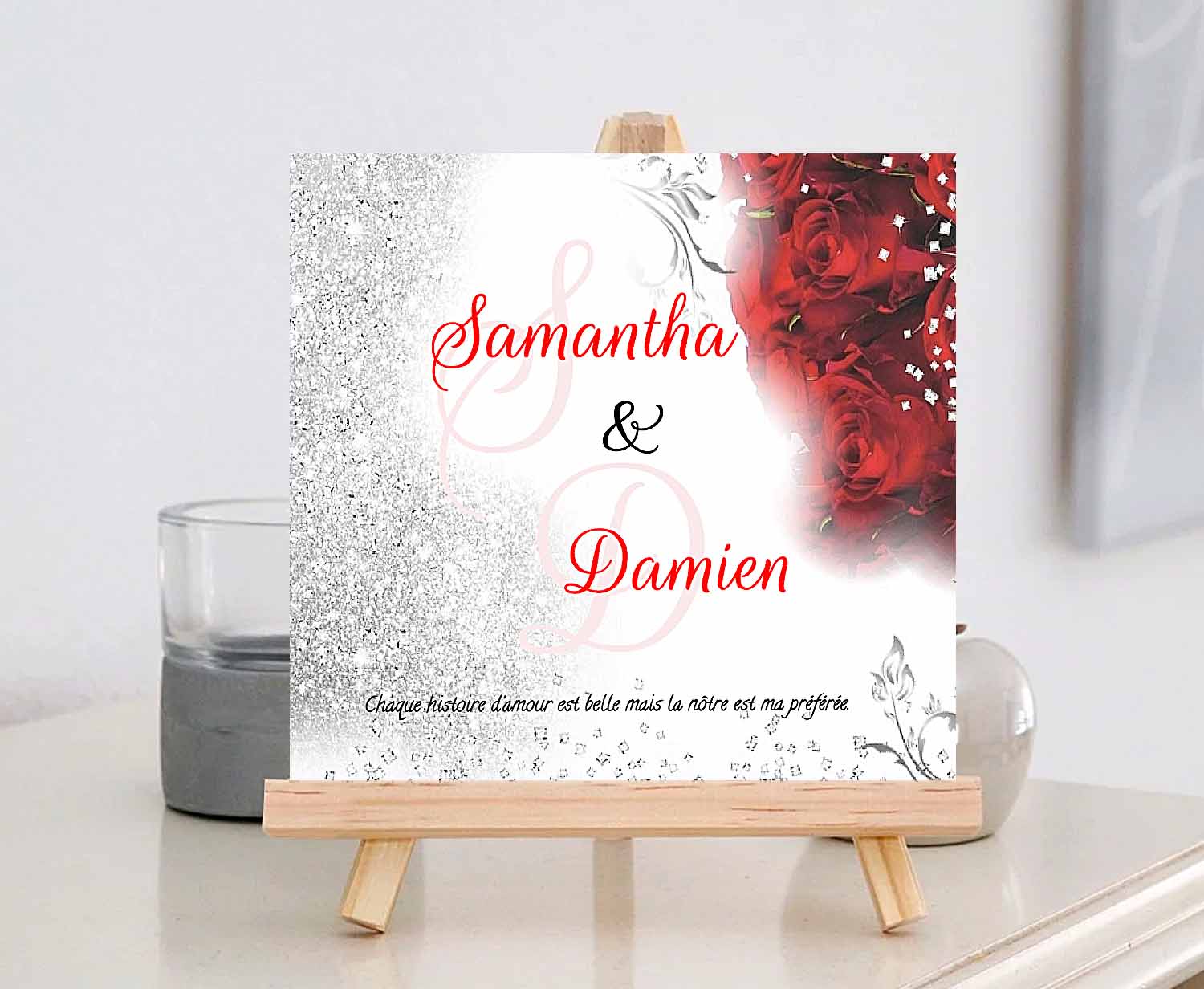 N°87 - Faire-part Samantha & Damien rouge argent roses