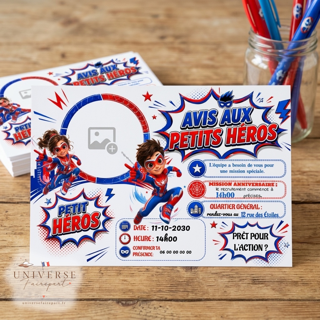 N°283 Invitation Spiderman héros fille ou garçon au choix