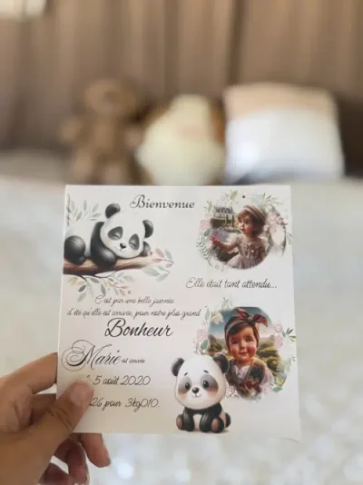 N°342 - Faire-part Petit panda tendre rosé fille